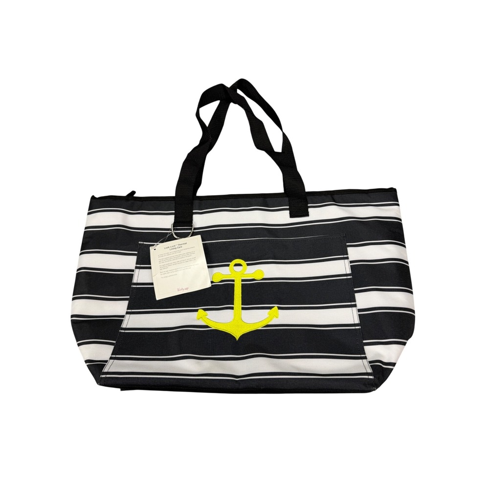 Thirty-One Leak Lock Thermal Tote Bag Black White Stripe Yellow Anchor NWT